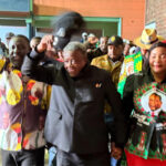 Cde Webster Shamu flanked by Cde Mukodza (left) and Cde Gwinyai