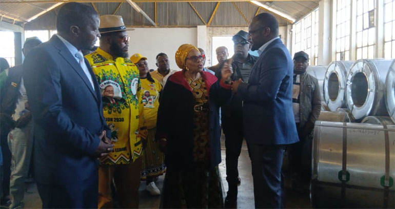 Women Affairs, Community, Small and Medium Enterprises Development Minister, Senator Monica Mutsvangwa (centre) and Minister Misheck Mugadza (second from left) tour Invictus Steel Africa