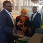 Women Affairs, Community, Small and Medium Enterprises Development Minister Monica Mutsvangwa, Minister of State for Manicaland Provincial Affairs and Devolution Advocate Misheck Mugadza and other delegates tour Invictus Steel Africa in Mutare as the company's director Mr Munyaradzi Shadaya (left) explains the company’s operations