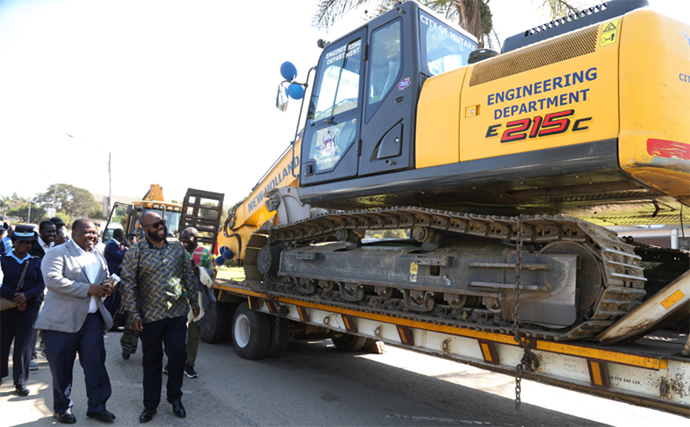 Minister of State for Manicaland Provincial Affairs and Devolution, Advocate Misheck Mugadza (right), is shown some of the City of Mutare’s recently acquired service delivery equipment by Town Clerk Mr Blessing Chafesuka (left). - Picture: Nyasha Chawatama
