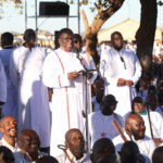 President Emmerson Mnangagwa addresses thousands of the Johane Marange Church pilgrims during their Passover service at the Mafararikwa Shrine in Marange last Saturday. - Picture: Nyasha Chawatama