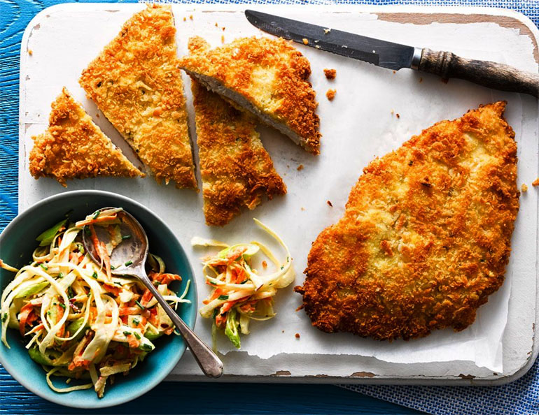 Schnitzel is usually either chicken, pork or veal that is pounded very thin