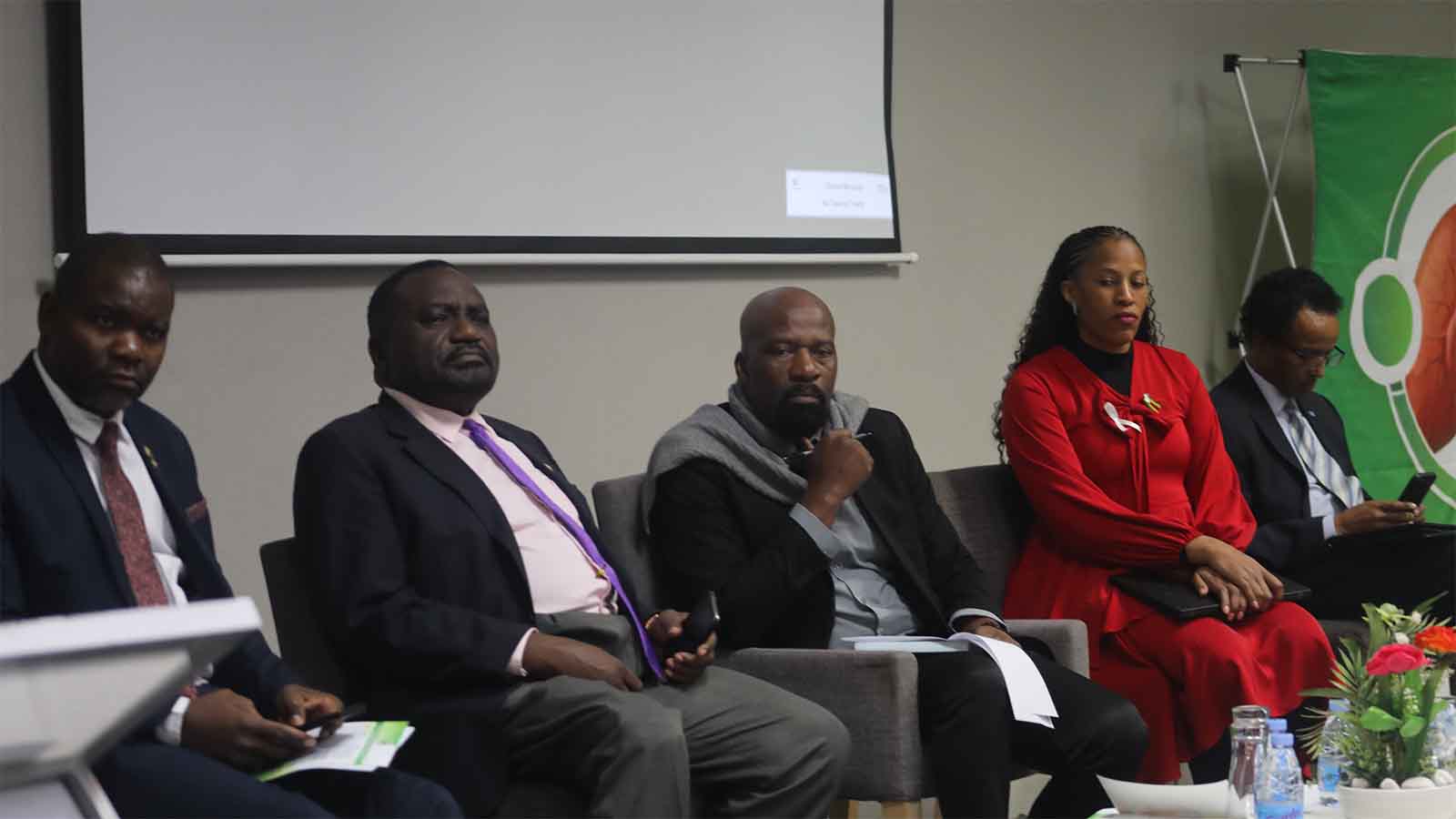 From left, Bulawayo provincial medical director Dr Maphios Siyamuchembu, Harare provincial medical director  Dr Innocent Hove, Acting director non-communicable disease department Dr Justice Mudavanhu, Bristol Myers Squibb foundation senior Director Ms Cristabel Semondile and World Health Organisation country represantative  Dr Desta Tiruneh  follow proceedings at the launch of the second phase of the  Hope of Lungs Project, where the national guidelines for Lung cancer and adult oncology were also set out. Pic by Tawanda Bote