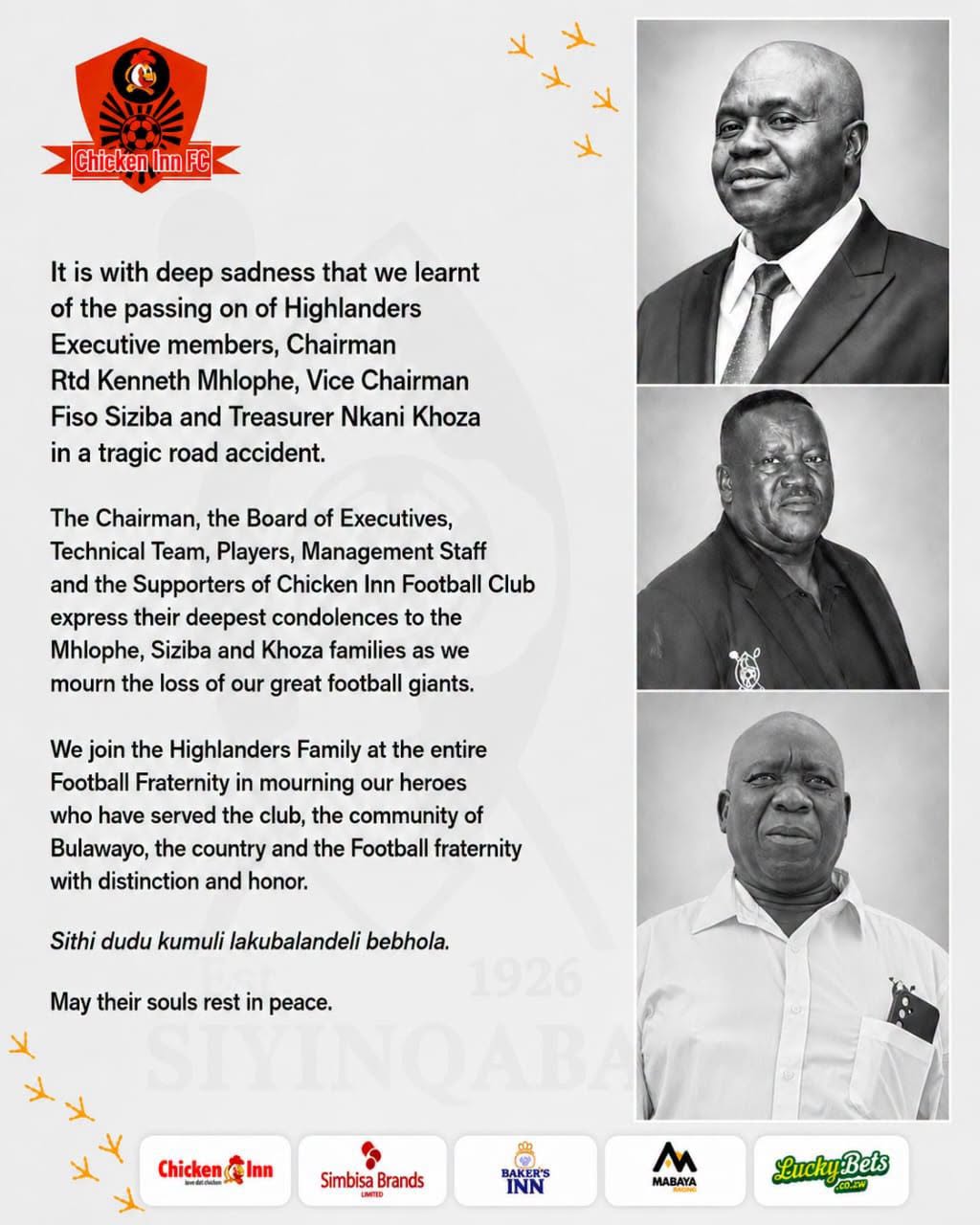 Chicken Inn joins football fraternity in mourning Highlanders executives