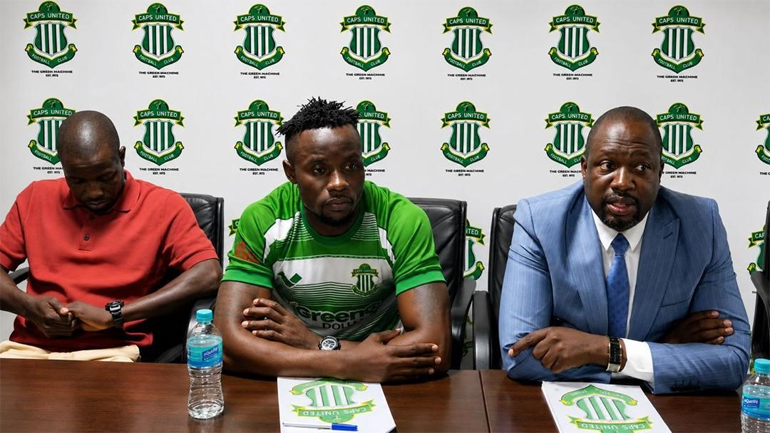 WELCOME BACK HOME WASHIE . . . CAPS United owner, Farai Jere (right) – a lone voice in the fight against rampant unethical conduct in local football – speaks at a recent Presser in Harare where his club introduced Washington Arubi (centre), while coach Takesure Chiragwi follows proceedings