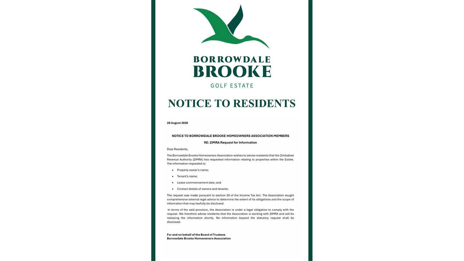 ZIMRA demands Borrowdale Brooke property owners and tenants’ details