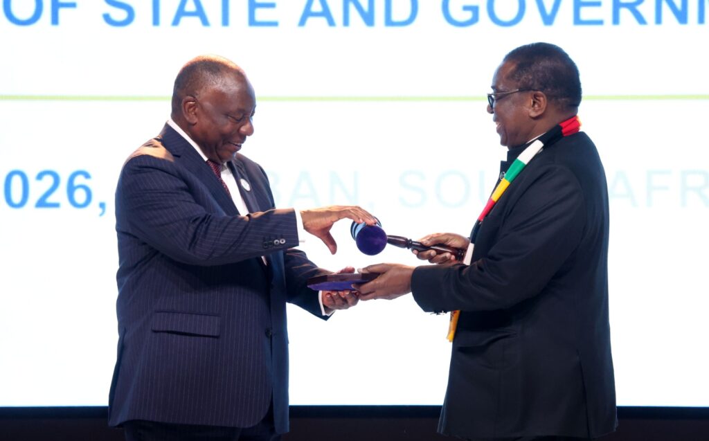 President Mnangagwa hands over the SADC Chair to South African President Cyril Ramaphosa during the 46th SADC Ordinary Summit, yesterday. — Picture: Presidential Photographer Tawanda Mudimu