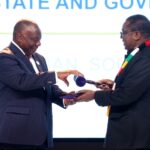 President Mnangagwa hands over the SADC Chair to South African President Cyril Ramaphosa during the 46th SADC Ordinary Summit, yesterday. — Picture: Presidential Photographer Tawanda Mudimu