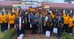 Minister of State for Manicaland Provincial Affairs and Devolution Advocate Misheck Mugadza poses for a group photo with Team Manicaland during the official send-off ceremony for the 2026 National Youth Games on Wednesday