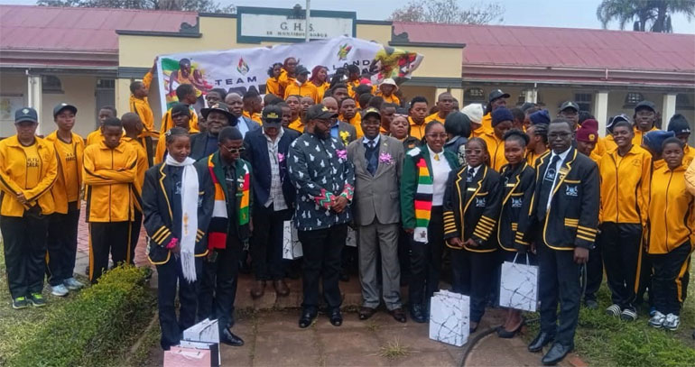 Minister of State for Manicaland Provincial Affairs and Devolution Advocate Misheck Mugadza poses for a group photo with Team Manicaland during the official send-off ceremony for the 2026 National Youth Games on Wednesday