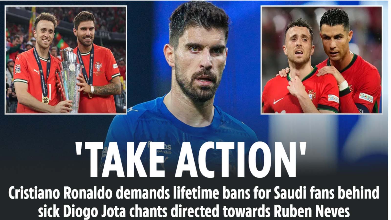 Cristiano Ronaldo said on Sunday that fans who appeared to make chants referencing former teammate Diogo Jota at Ruben Neves during a Saudi Pro League match should be banned from football stadiums for life.