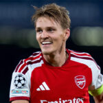 Martin Odegaard celebrates scoring for Arsenal against Napoli