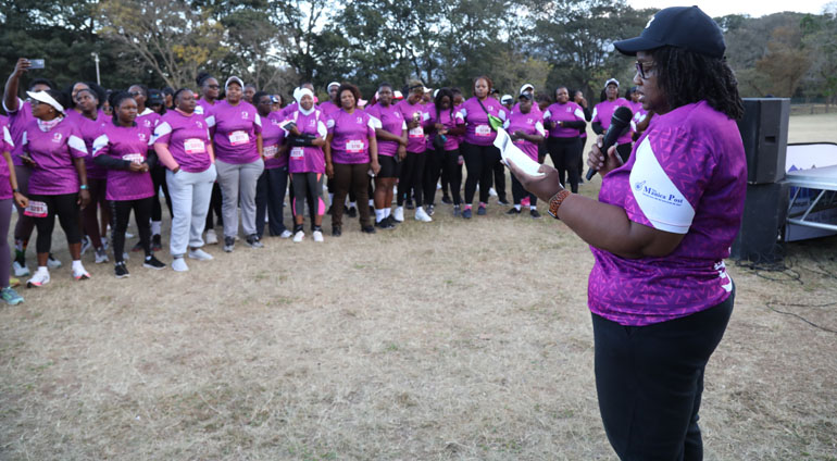 Zimpapers board member, Mrs Sybil Madzikanda addresses participants during the Zimpapers Ladies Fun Run held in Mutare last Saturday