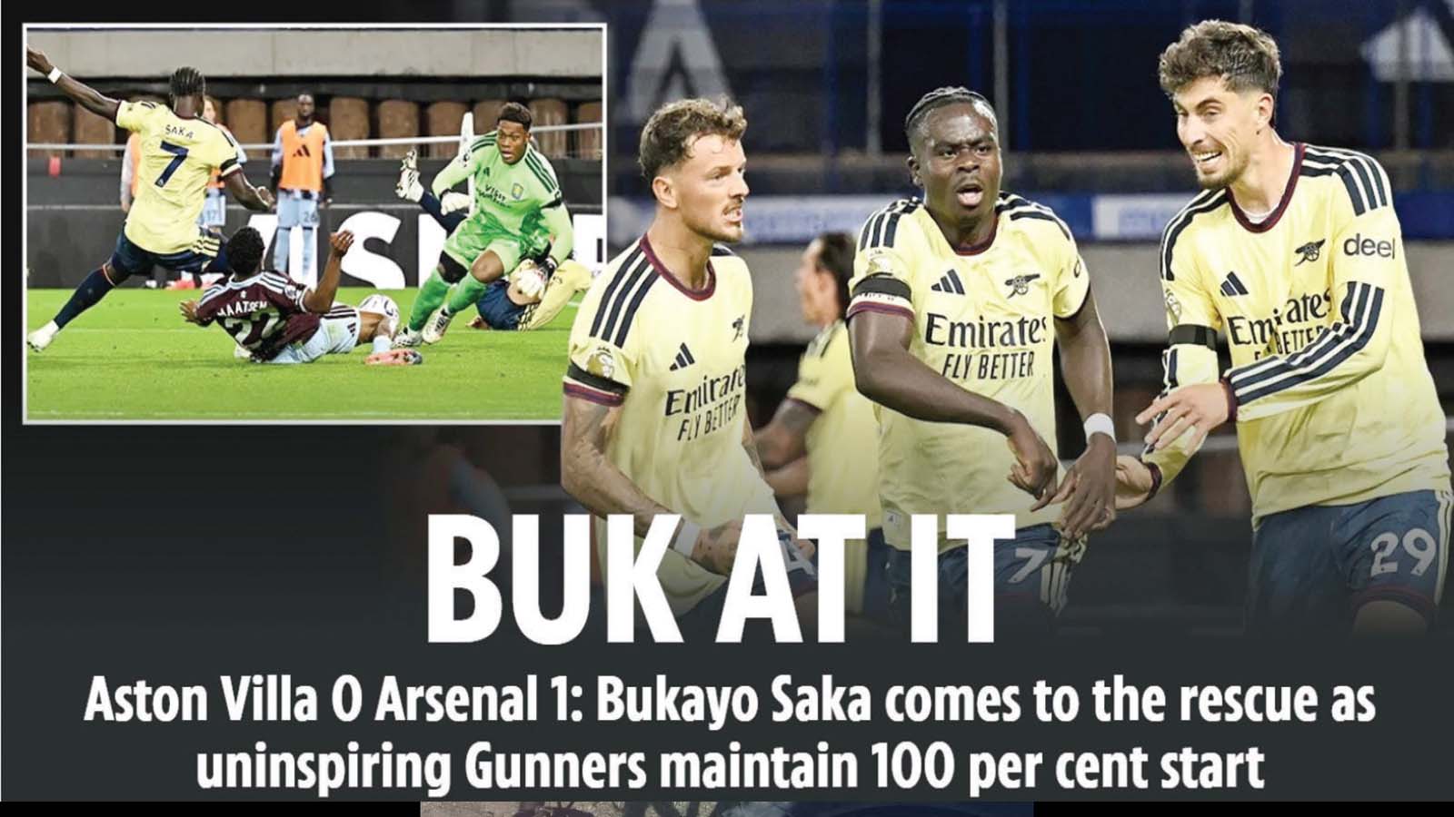 Champions Arsenal made it two wins out of two as Bukayo Saka’s second-half goal earned them a workmanlike 1-0 victory at Aston Villa in the Premier League on Monday.