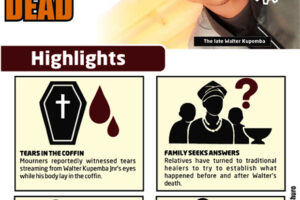 TEARS IN THE COFFIN . . . dead man weeps at own funeral