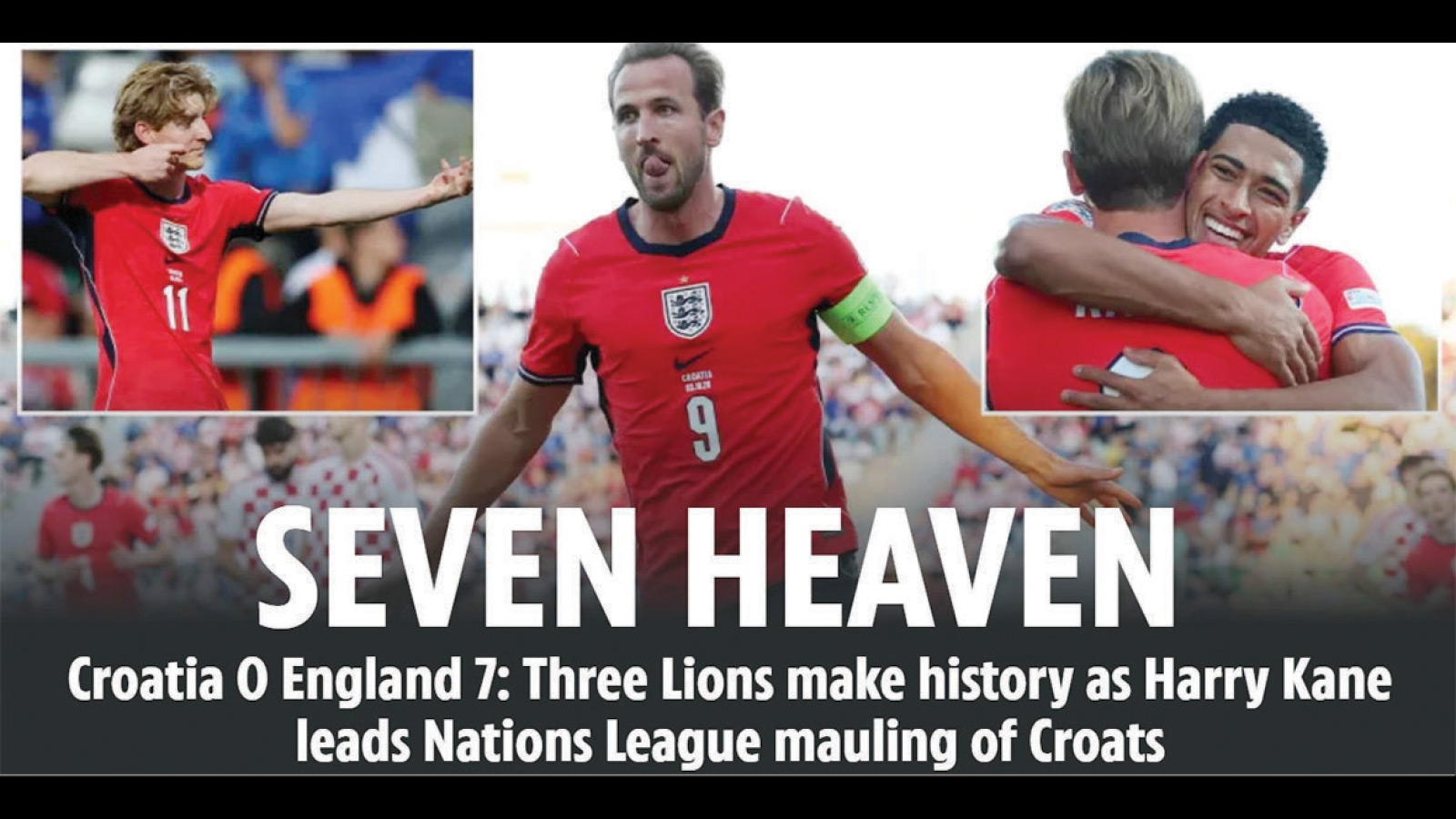 Harry Kane and Bukayo Saka scored twice apiece as England demolished Luka Modric’s Croatia 7-0 in Rijeka on Saturday, but Spain stayed three points clear at the top of their Nations League group with a 3-1 victory over the Czech Republic.