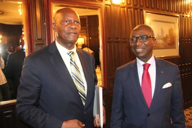 The Minister of Finance and Economic Development, Mr Patrick Chinamasa (left), chats with Afreximbank president Mr Jean Louis Ekra during the signing ceremony for the US$100 million interbank facility in Harare recently. - Picture by Kudakwashe Hunda