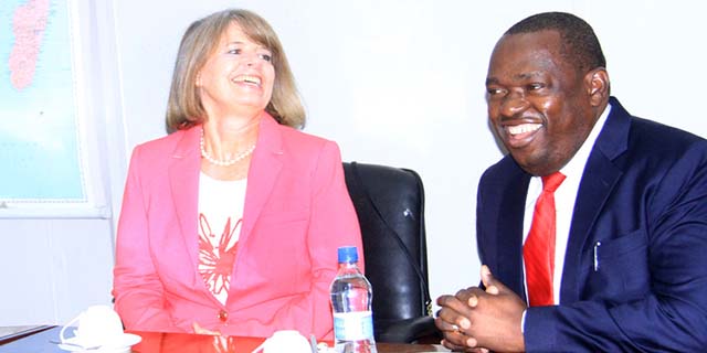 Foreign Affairs and International Trade Minister Lieutenant-General Sibusiso Moyo (Retired) shares a lighter moment with British Minister of State for Africa Harriet Baldwin at his Munhumutapa offices in Harare yesterday. — (Picture by Munyaradzi Chamalimba)