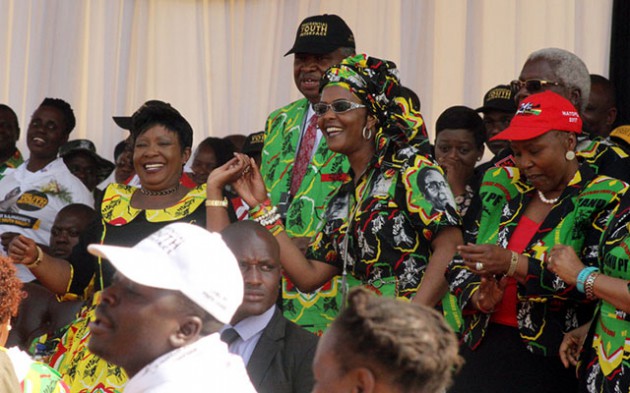 First Lady Amai Grace Mugabe on the dance floor with Cdes Axillia Mnangagwa and Oppah Muchinguri-Kashiri at the rally yesterday. Behind them are Vice President Phelekezela Mphoko and zanu-pf secretary for Administration Dr Ignatius Chombo (partially obscured)