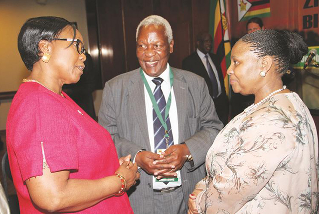 Environment, Water and Climate Minister Oppah Muchinguri-Kashiri (left) and Defence Minister Dr Sydney Sekeramayi (centre) chat with South Africa’s Minister of Defence Nosiviwe Maphisa-Nquakula (right) during the two countries’ Bi-National Commission in Harare yesterday. — (Picture by John Manzongo)