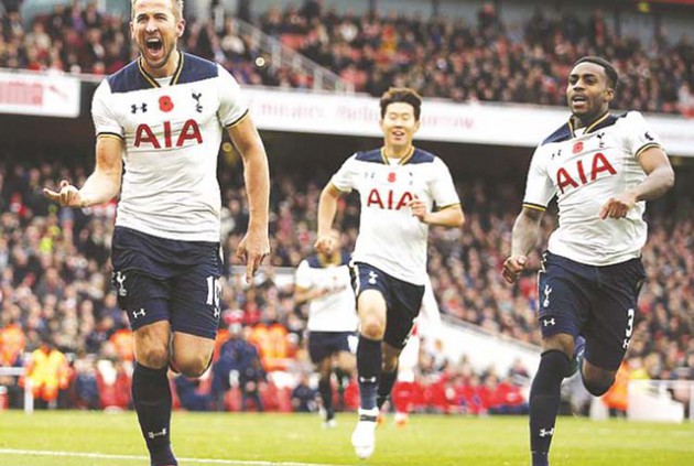 BACK WITH A BANG . . . Harry Kane shows his delight after scoring from the penalty spot on his return to Tottenham’s starting line-up in their 1-1 draw with English Premiership soccer’s bitter rivals Arsenal at The Emirates Stadium in London yesterday. — Reuters