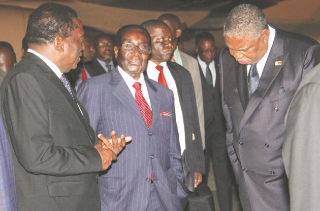 President Mugabe is welcomed at Harare International Airport by Vice Presidents Emmerson Mnangagwa and Phelekezela Mphoko on arrival from Ghana’s 60th independence anniversary celebrations yesterday. —(Picture by John Manzongo)