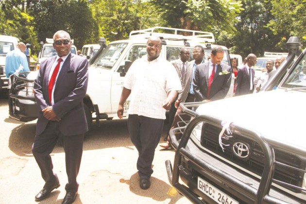 Health and Child Care National Cold chain technician Mr Frank Chiku (centre) shows Ministry’s Principal Director Curative Services Mr Sydney Makarawo (left) and UNICEF Chief of Health Mr Nejmudin Kedir Bilal (right) some of the 12 vehicles donated by Global Alliance for Vaccines  and Immunisations at a ceremony in Harare yesterday. —Picture by Justin Mutenda