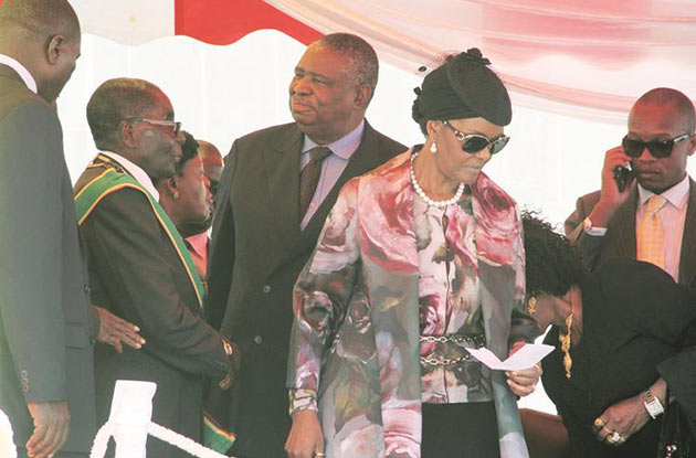 President Mugabe and First Lady Amai Dr Grace Mugabe are welcomed by Vice President Phelekezela Mphoko at Heroes Day commemorations in Harare yesterday.— (Picture by Tawanda Mudimu)