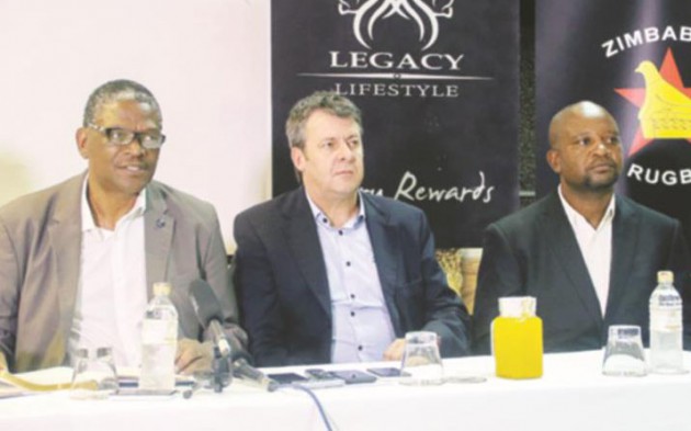 WHEN DAYS WERE GOOD . . . Zimbabwe Rugby Union president Nyararai Sibanda (left) and vice-president Noddy Kanyangarara (right) are flanked by Kwese Sports head of production, Louwrens Rensburg at a Press briefing in February this year at the launch of the Kwese Victoria Falls Sevens tournament