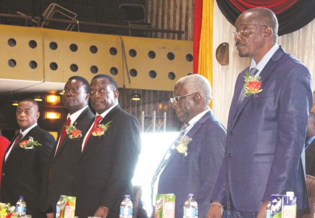 President Mnangagwa flanked by Vice Presidents General Constantino Chiwenga (Retired) (extreme left) and Kembo Mohadi, Higher and Tertiary Education, Science and Technology Development Minister Professor Amon Murwira (immediate left) and University of Zimbabwe Vice Chancellor Professor Levi Nyagura (right) at a meeting with vice chancellors and principals of all tertiary institutions in Harare yesterday. —(Picture by Tawanda Mudimu)