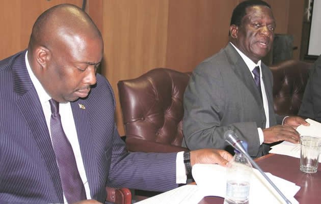 Vice President Emmerson Mnangagwa and Local Government, Public Works and National Housing Minister Saviour Kasukuwere address the media at a Press conference on the drought assistance appeal in Harare yesterday.- (Picture by John Manzongo)