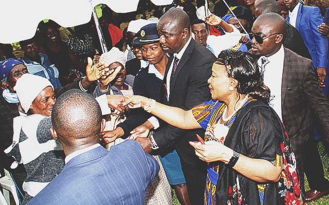 First Lady Auxillia Mnangagwa greets people during her tour of Gweru Provincial Hospital yesterday. — (See story on Page 2). Picture by John Manzongo)