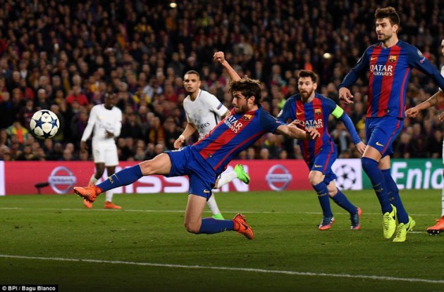 WHAT A SUCKER PUNCH . . . Sergi Roberto poked home from close range to complete the comeback and put Barcelona into the quarter-finals of the Champions League soccer against PSG on Wednesday night. — Mailonline