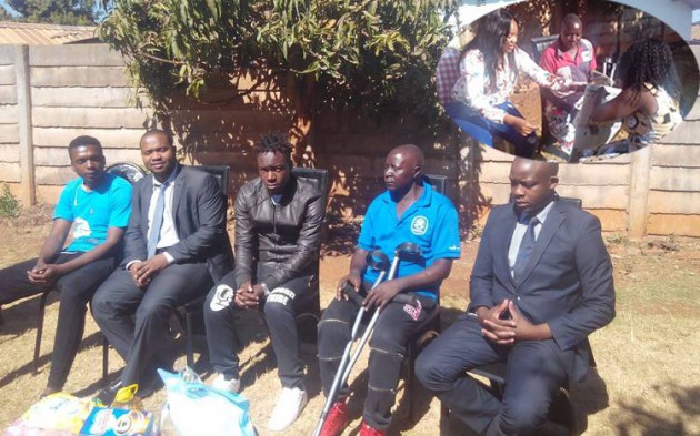Mbeu (third from left) and well wishers after donating groceries to Tedious Matsito (with clutches) inset is socialite Faith “Chihera” Taruvinga (left) after visiting Matsito on Father’s Day 