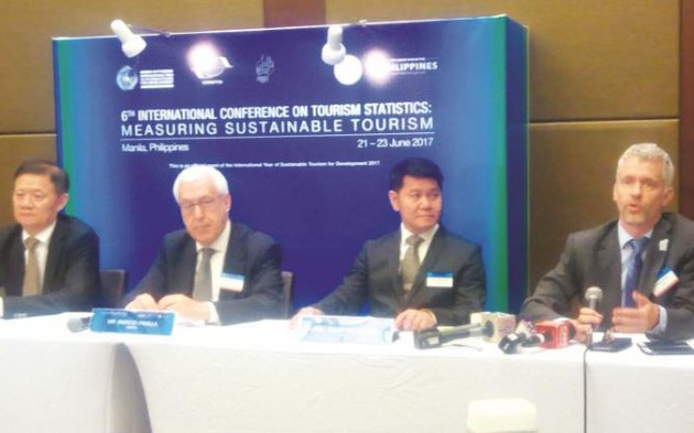 (Left to right) Mr Xu Jing, UNWTO Regional Director for the Asia-Pacific region; Mr Marcio Favilla, Executive Director for Operational Programmes and Institutional Relations of the United Nations World Tourism Organisation; Rolando Cañizal, Under-secretary for Administration and Special Concerns of the Philippine Department of Tourism; John Kesster, UNWTO Statistician