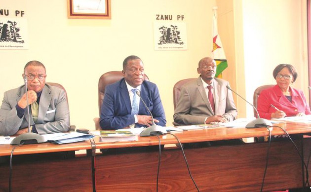PRESIDIUM . . . zanu-pf President and First Secretary Cde Emmerson Mnangagwa chairs a Politburo meeting flanked by his deputies General Constantino Chiwenga (Rtd), Cde Kembo Mohadi and national chairwoman Cde Oppah Muchinguri- Kashiri at the revolutionary party’s headquarters in Harare yesterday. — (Picture by Munyaradzi Chamalimba)