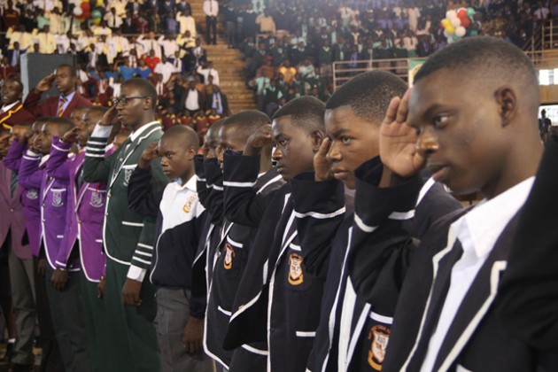 Students from various schools doing national pledge at the Independence children’s party held at City Sports Centre recently. — (Picture by Justin Mutenda)