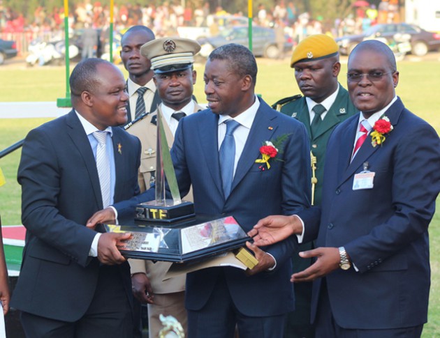 Higher and Tertiary Education, Science and Technology Development Deputy Minister Dr Godfrey Gandawa receives one the awards from Togolese President Faure Gnassingbe during teh ZITF 2016