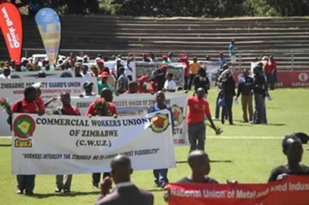 Zimbabwe Congress of Trade Unions members march in an empty Gwanzura Stadium during Workers Day  two years ago