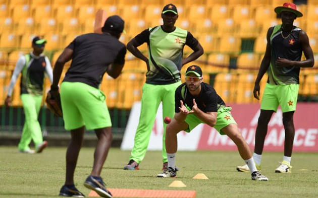 MEN AT WORK . . . Zimbabwe’s cricketers go through their paces in Colombo yesterday as they prepare for the one-off Test against Sri Lanka which gets underway today. — Cricinfo