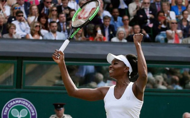 VINTAGE WINE . . . Venus Williams celebrates after beating Britain’s Johanna Konta in the women’s singles semi-final match at the Wimbledon Tennis Championships in London yesterday. Twenty years after making her Wimbledon debut, five-time champion Venus Williams is into her ninth final at the All England Club and her first since 2009