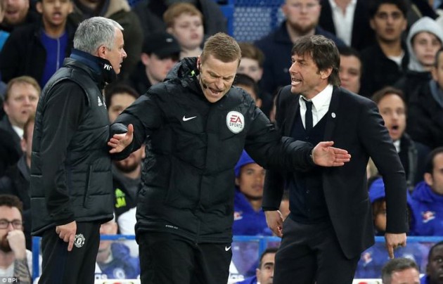 PIT BULLS . . . Manchester United manager Jose Mourinho (left) and Chelsea’s Antonio Conte (right) clashed for the second time this season in the immediate aftermath of Anders Herrera’s red card during Monday night’s FA Cup quarter-final tie at Stamford Bridge. - Mailonline