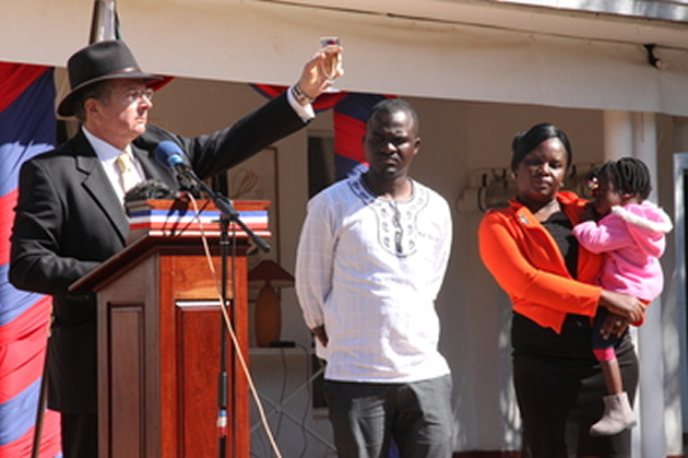 French Ambassador to Zimbabwe Mr Laurent Delahousse proposes a toast to Itai Dzamara while flanked by Itai’s brother Patson (centre), Itai’s wife Sheffra and daughter Nenyasha during French National Day commemorations in Harare yesterday. — (Picture by Beauty Muchakazi)
