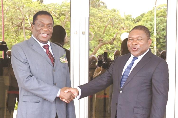 President Mnangagwa is welcomed by his Mozambican counterpart Cde Filipe Nyusi at State House in Maputo yesterday. It was the fourth leg of President Mnangagwa’s tour of the region to brief Sadc leaders about political developments in Zimbabwe.