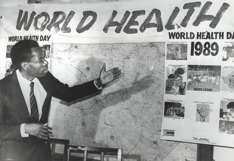 This collage shows Brigadier-General Felix Muchemwa and the man, shortly after unveiling World Health Day posters during his tenure as Health Minister in 1989