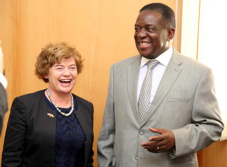 Acting President Emmerson Mnangagwa shares a lighter moment with British Ambassador to Zimbabwe Ms Catriona Laing during a courtesy call at his Munhumutapa offices in Harare yesterday. - (Picture by Believe Nyakudjara)