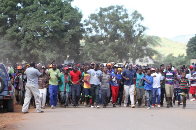 Youths toyi toying in the streets of Bindura. Picture by Wilson Kakurira