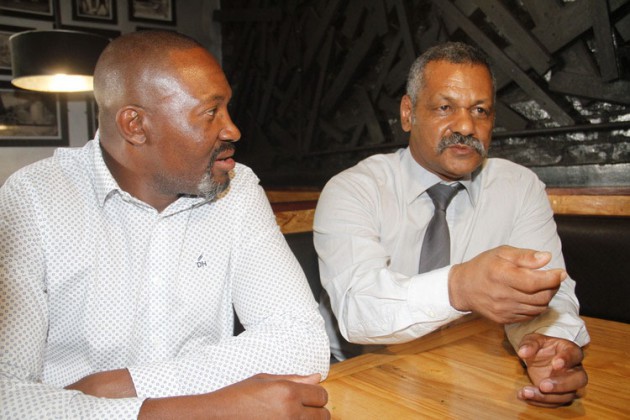 WITH LOVE FROM SOUTH AFRICA . . . Former Springboks coach Peter de Villiers (right) addresses a media briefing in Harare yesterday in the company of Zimbabwe Rugby Union official Lawson Mtongwizo