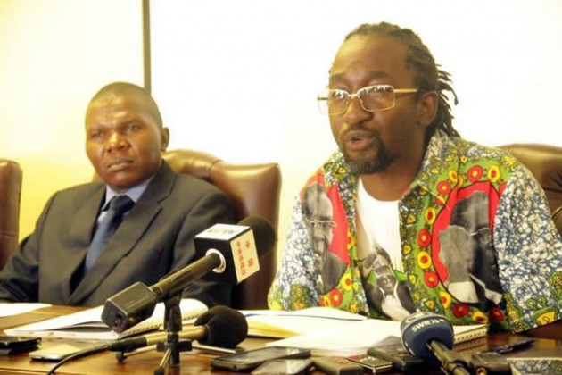 Youth, Indigenisation and Economic Empowerment Minister Patrick Zhuwao (right) stresses a point during a Press conference yesterday while his deputy, Mathias Tongofa looks on