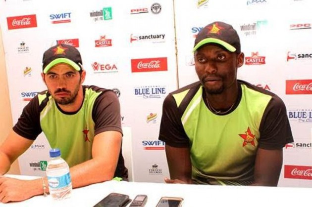 DEMOLITION JOB. . .Zimbabwe captain Graeme Cremer (left) and fast bowler Chris Mpofu address a media conference in the capital after the Chevrons crushed Afghanistan yesterday to level the series. - zimcricket